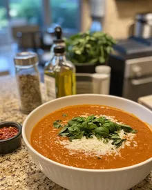 Soupe crémeuse délicieuse à la tomate et au basilic