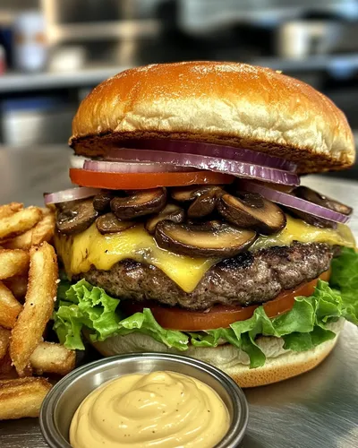 Délice de burger gourmet aux champignons et fromage suisse