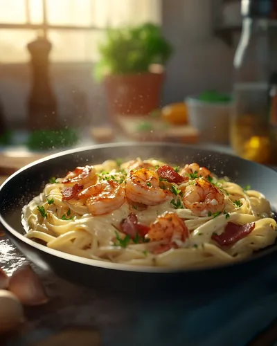 Pâtes Alfredo délicieuses aux crevettes à l'ail et au bacon