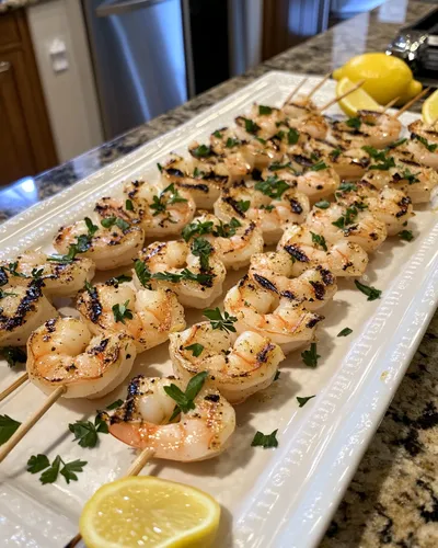 Brochettes de crevettes grillées délicieuses au beurre citronné